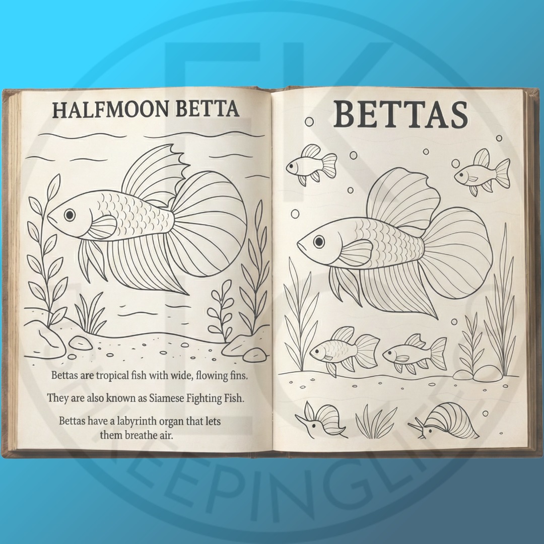 Interior coloring page from Life in Balance: The Hidden Magic in Aquariums Coloring Book Vol. 1 featuring betta fish illustrations