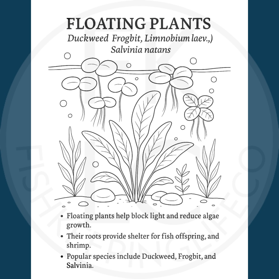 Interior page from Life in Balance: The Hidden Magic in Aquariums — Coloring Book Vol. 2 showing floating plants illustration