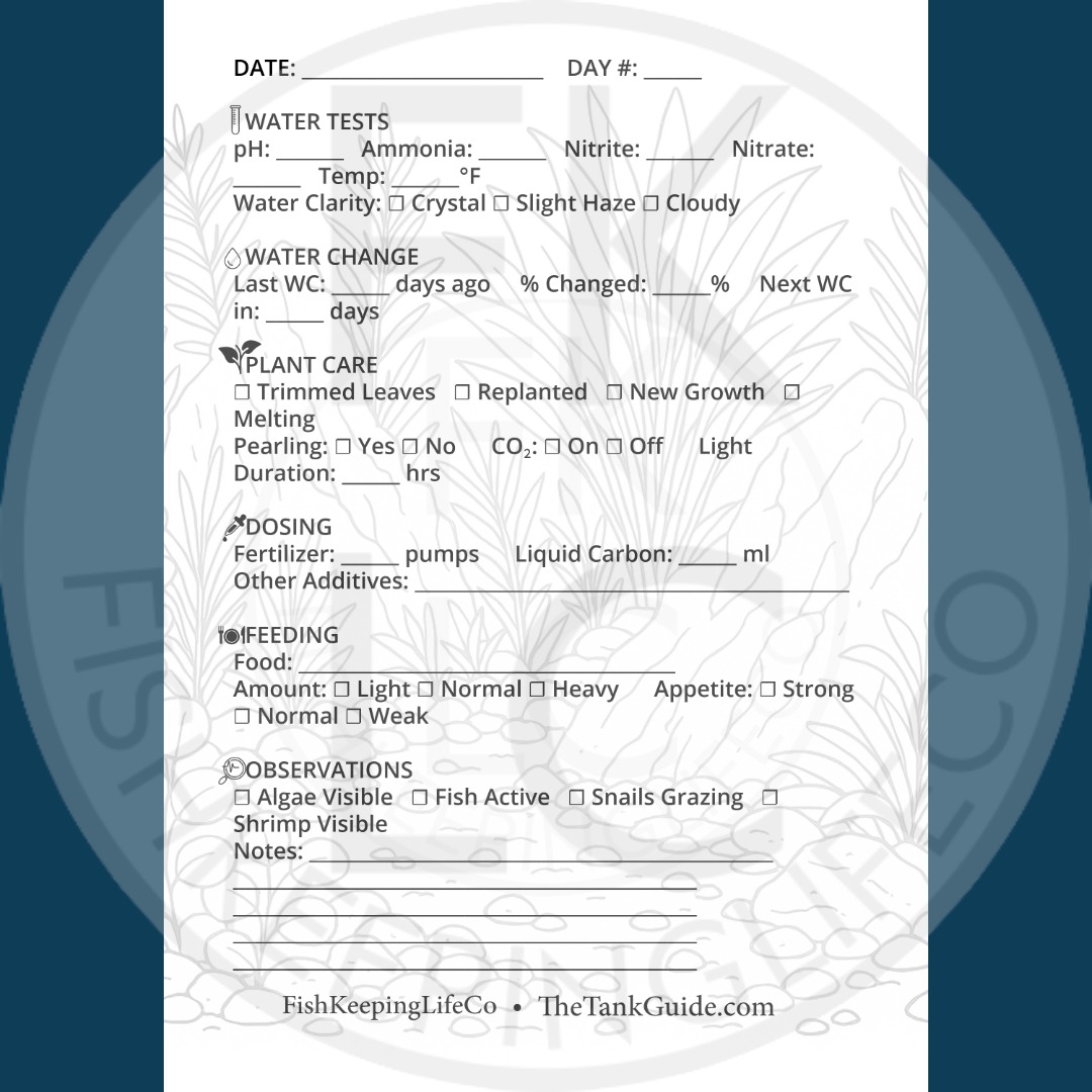 The Daily Tank Journal – Planted Edition daily log page showing plant care tracking fields