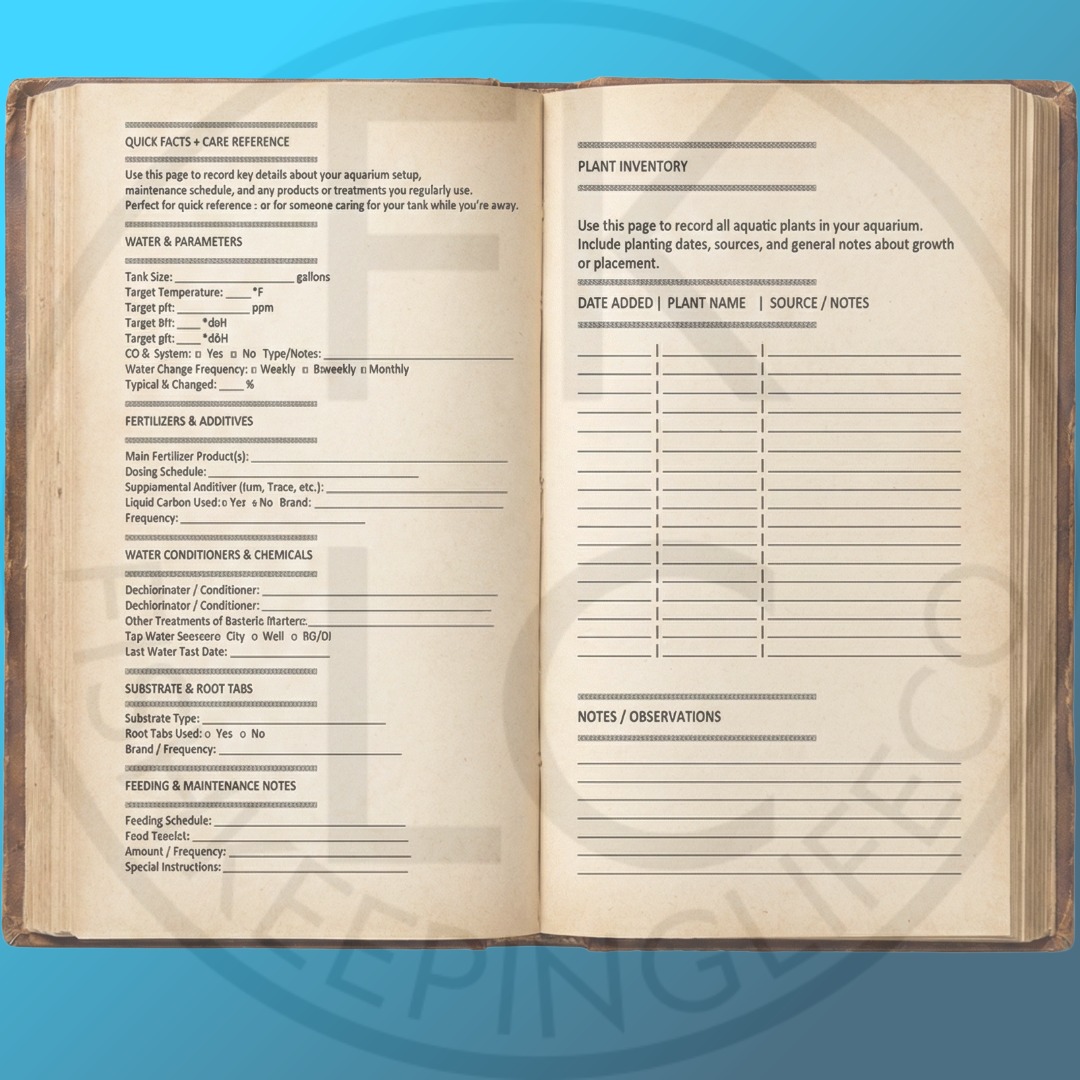 The Daily Tank Journal – Planted Edition preview spread showing plant tracking and aquarium parameters