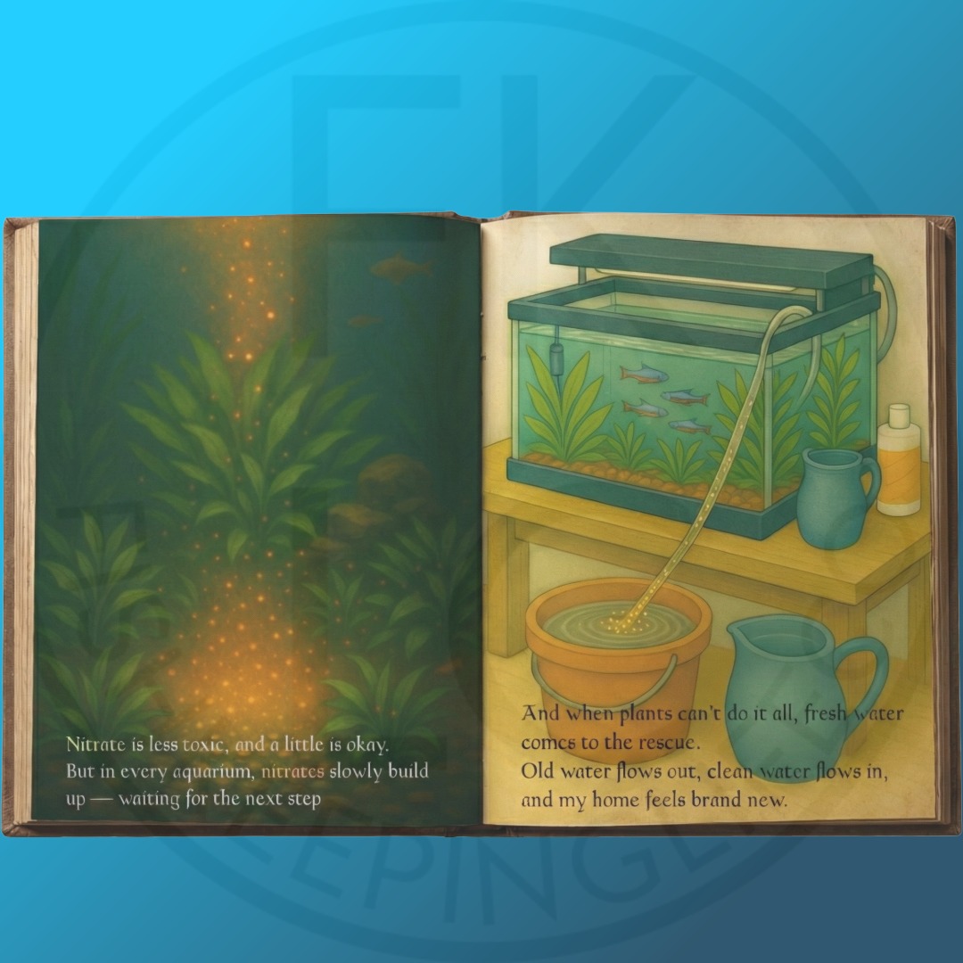 Interior spread from Life in Balance showing illustrated aquarium science concepts