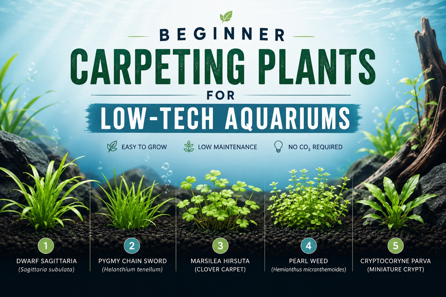 Low-tech aquarium carpeting plants arranged as beginner-friendly foreground options