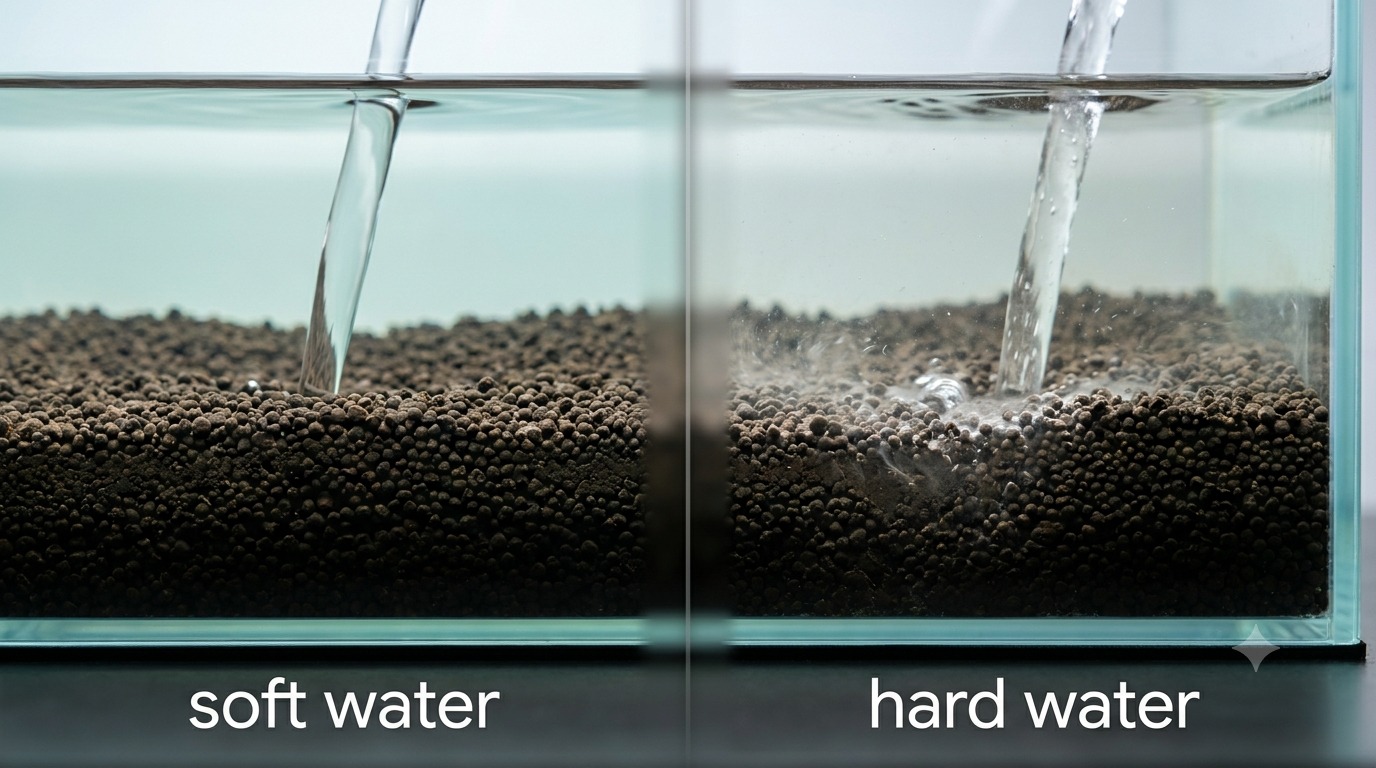 Aquasoil receiving soft water and hard water in a side-by-side comparison