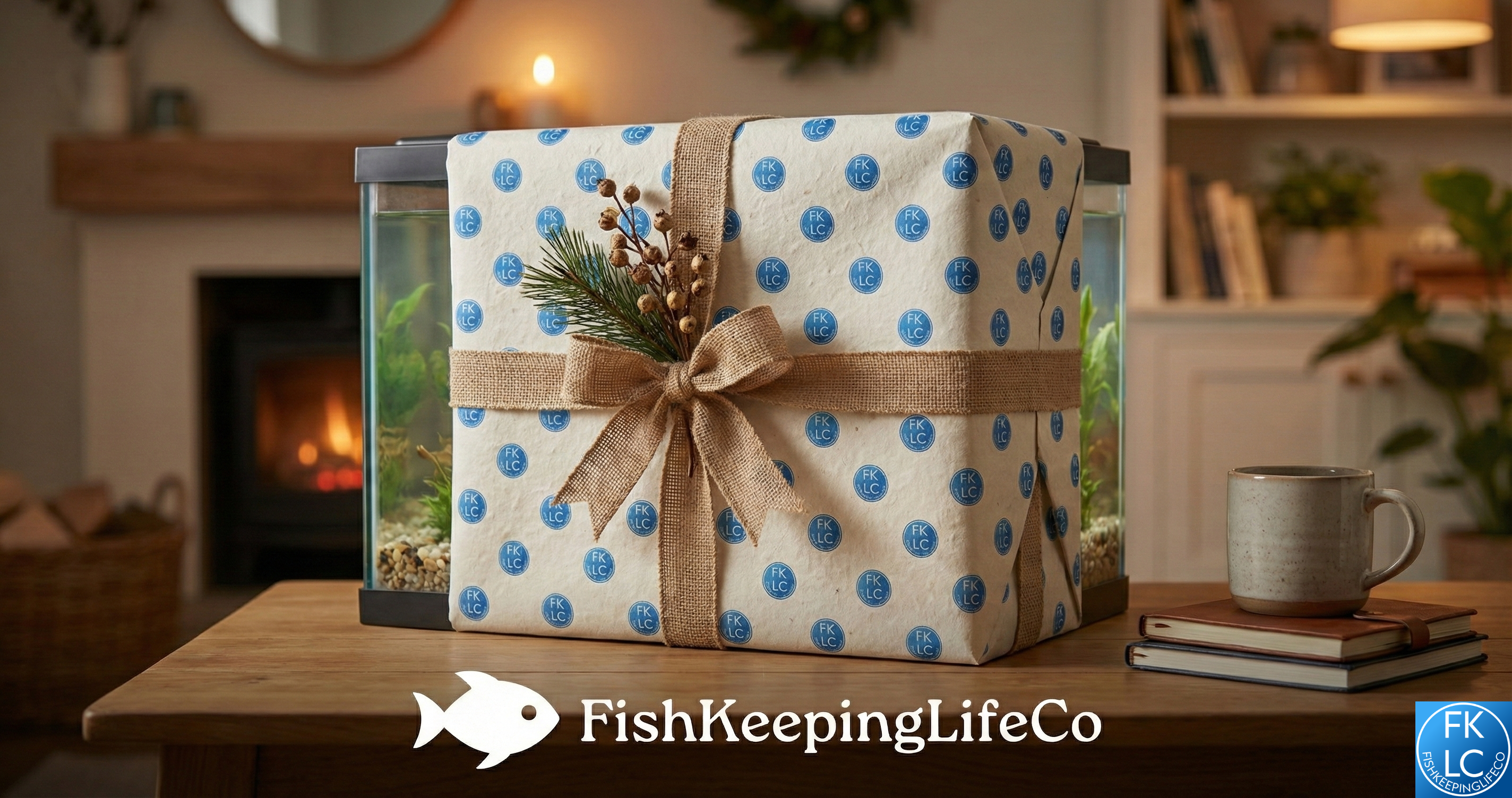 Wrapped holiday gift beside a freshwater aquarium