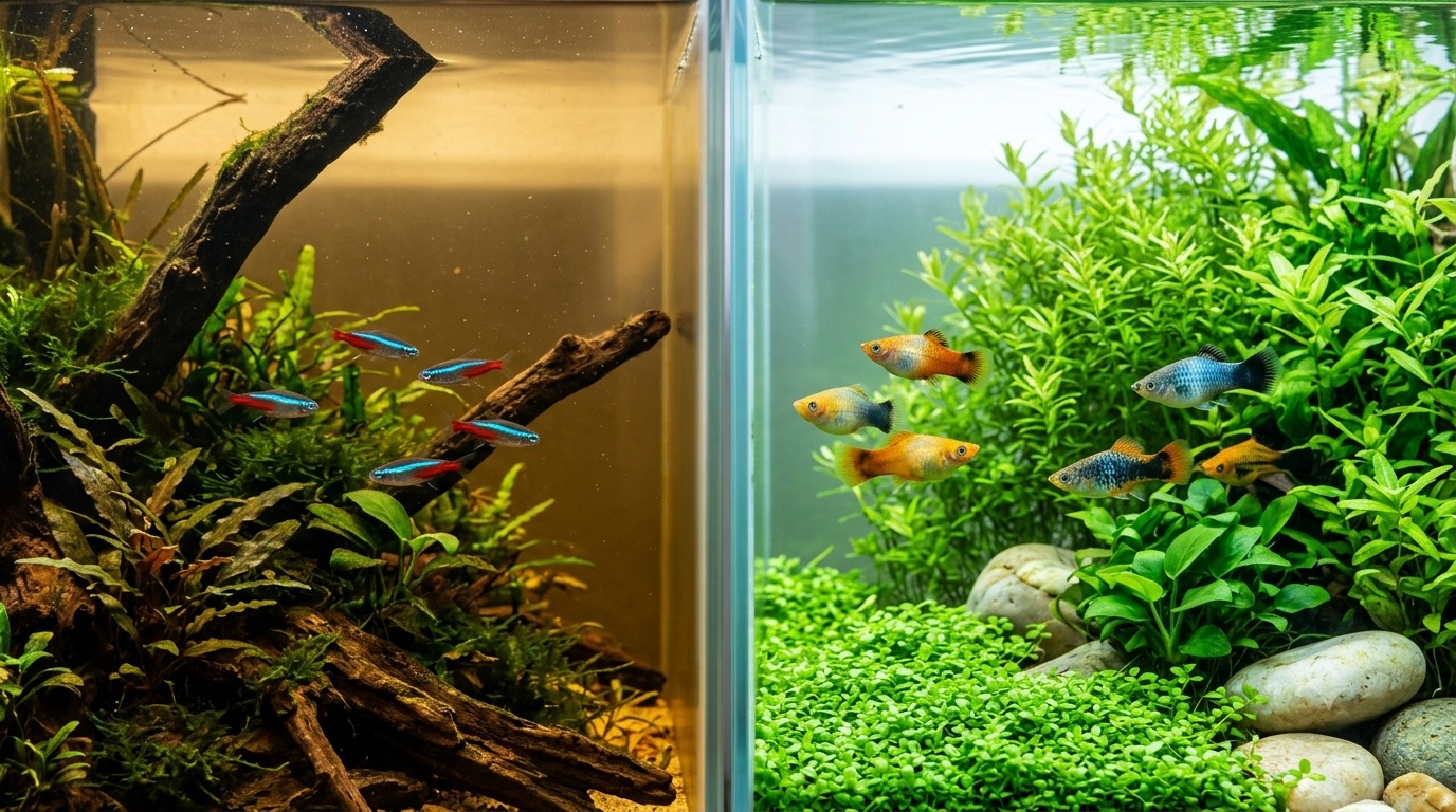 Soft-water tetra habitat beside a hard-water livebearer habitat