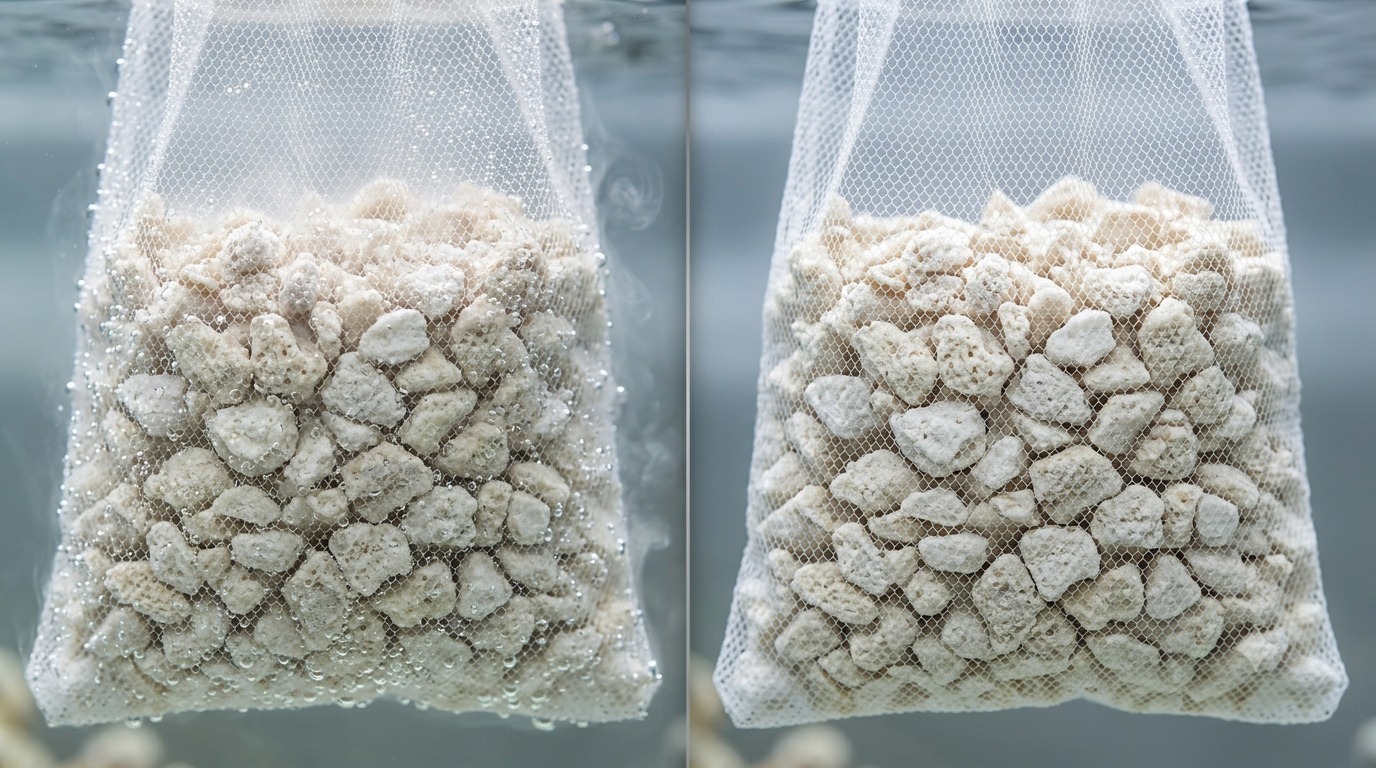 Crushed coral dissolving at different rates in two water conditions