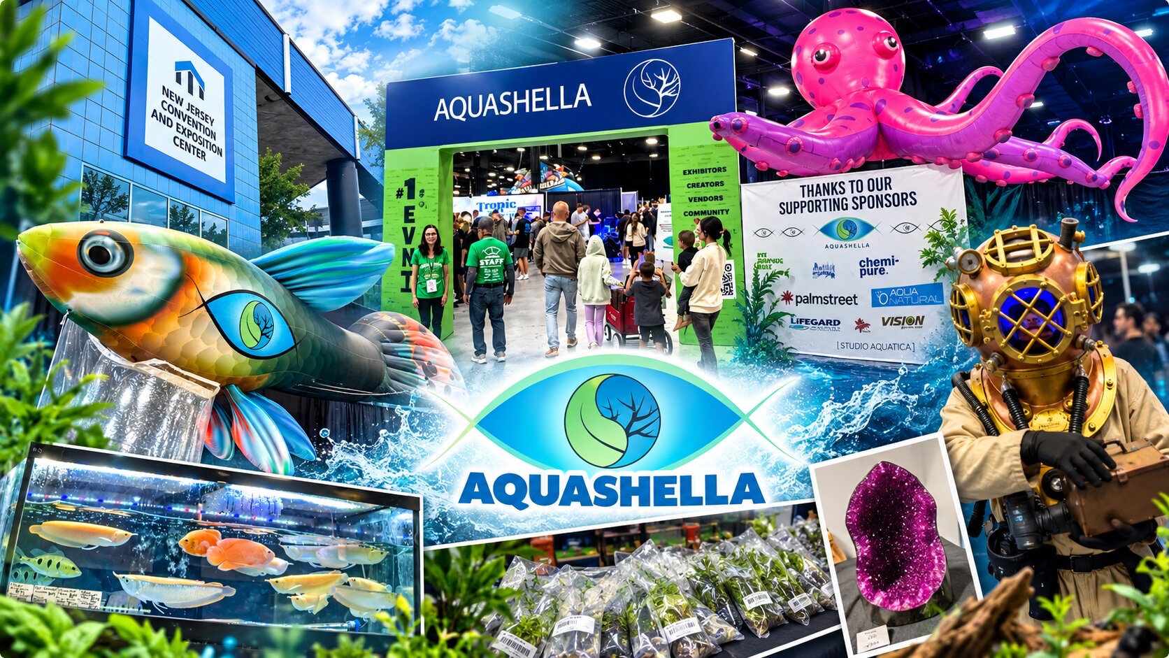 Collage of the Aquashella entrance, aquarium displays, and aquatic-themed attractions