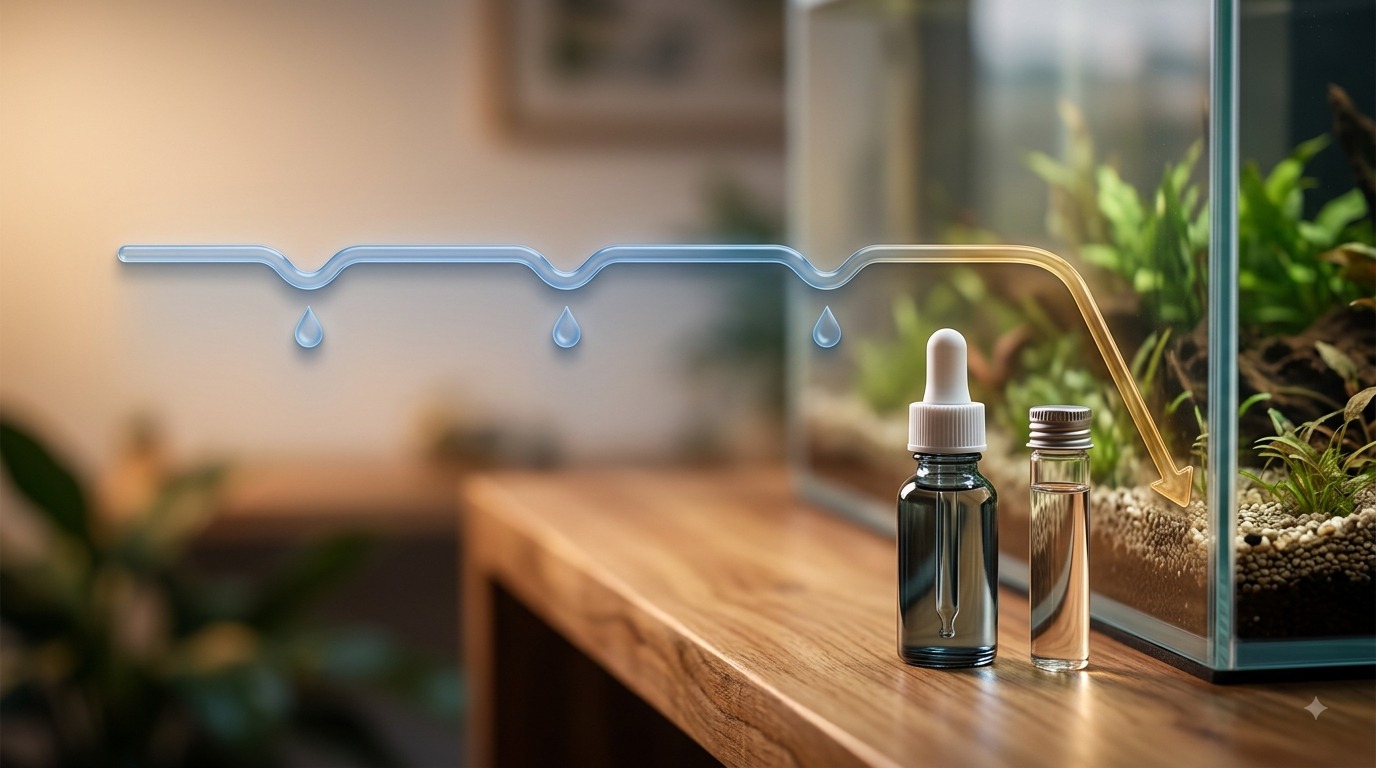 Dropper bottle of pH-down liquid beside an aquarium illustrating dose-by-dose pH adjustment
