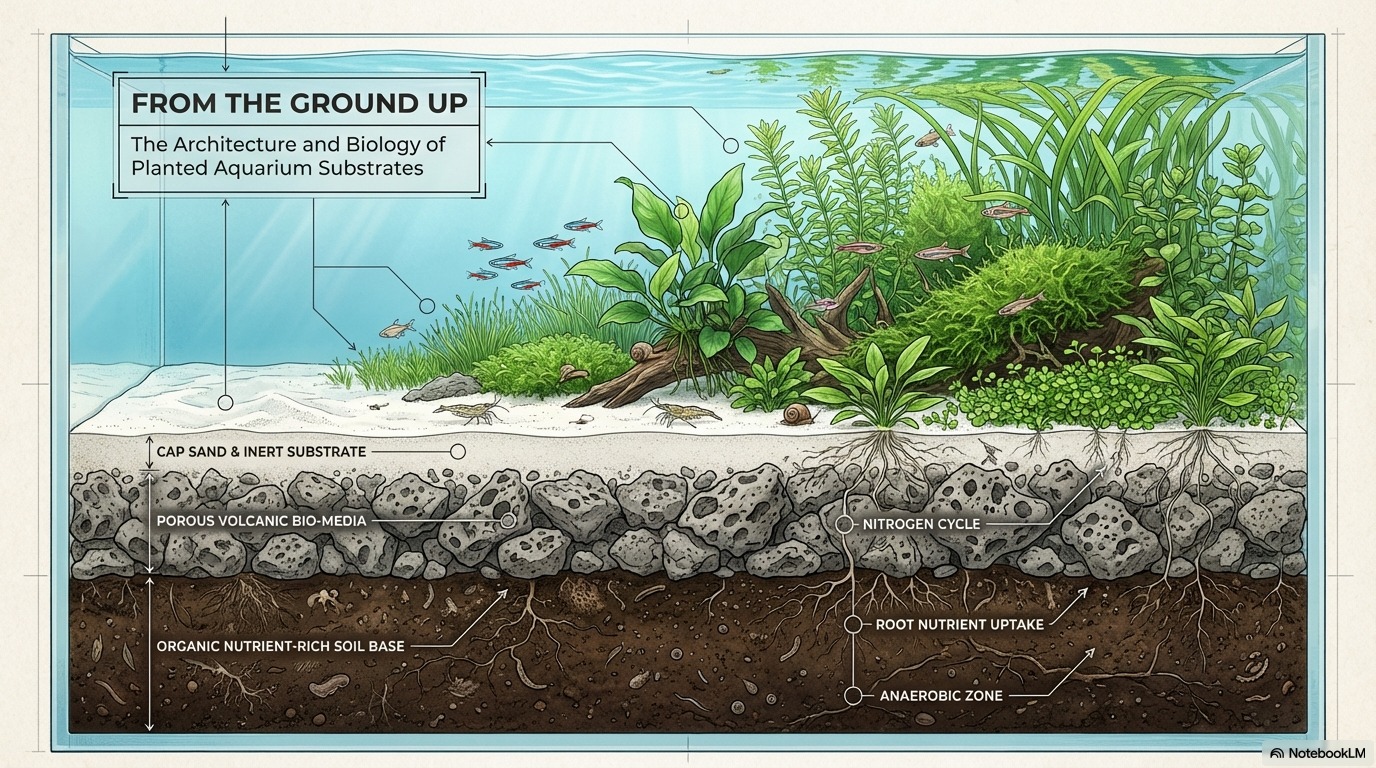 Cross section of a dirted aquarium substrate with soil capped by sand