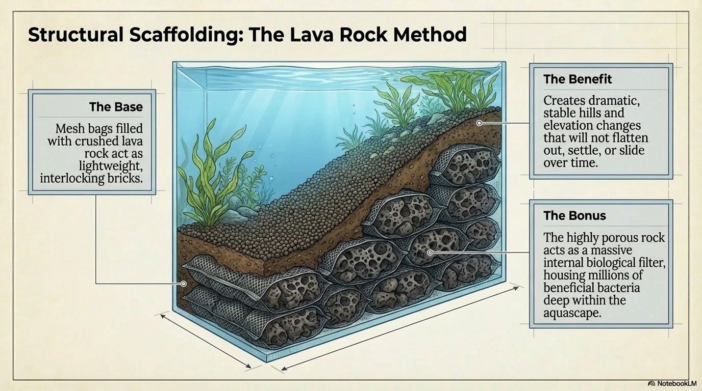 Aquascape structure built using lava rock under substrate