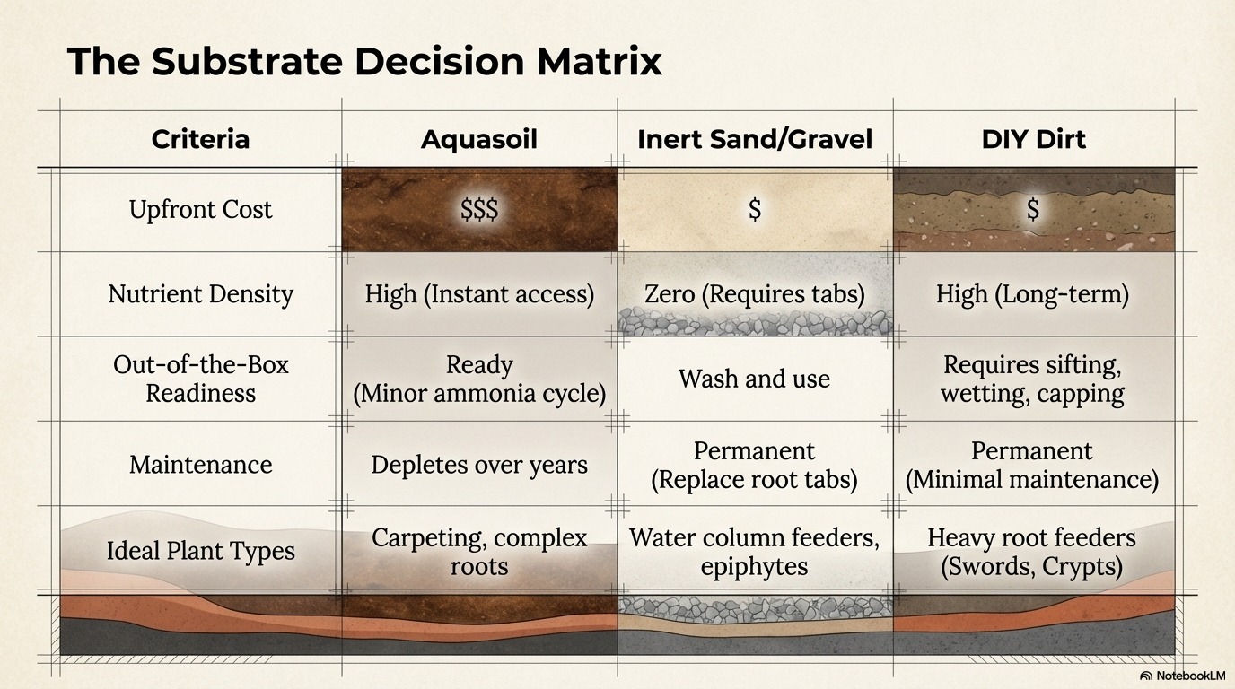 Comparison of planted aquarium substrates including soil, sand and aquasoil