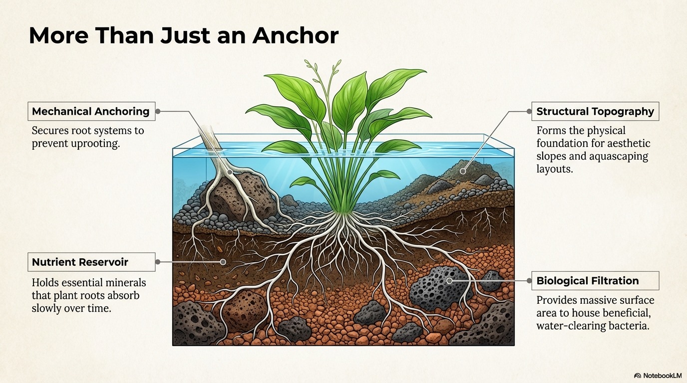 Aquarium substrate layers supporting plant roots and biological filtration