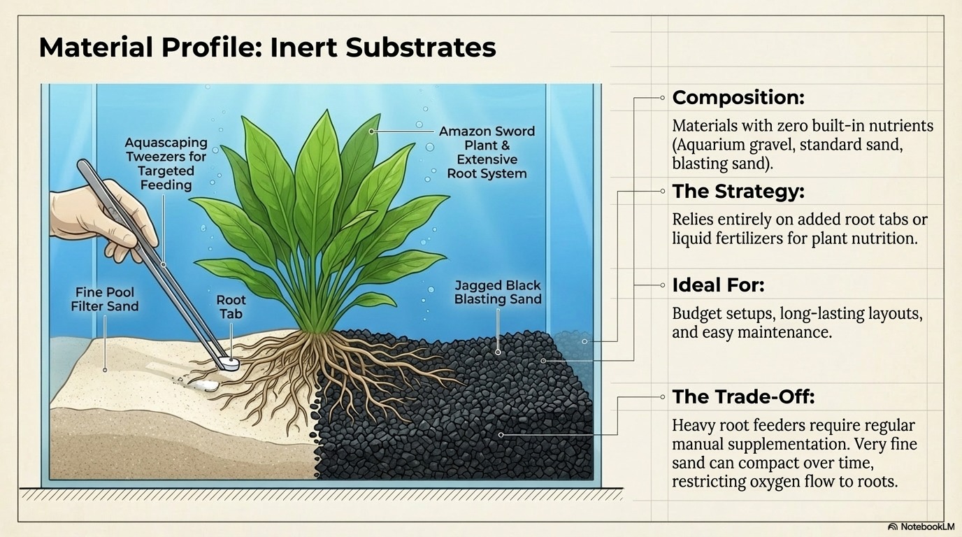 Examples of inert aquarium substrates including sand and gravel used in planted tanks