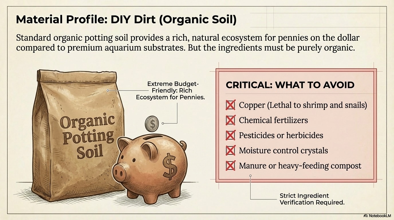 Organic potting soil used as substrate for planted aquariums