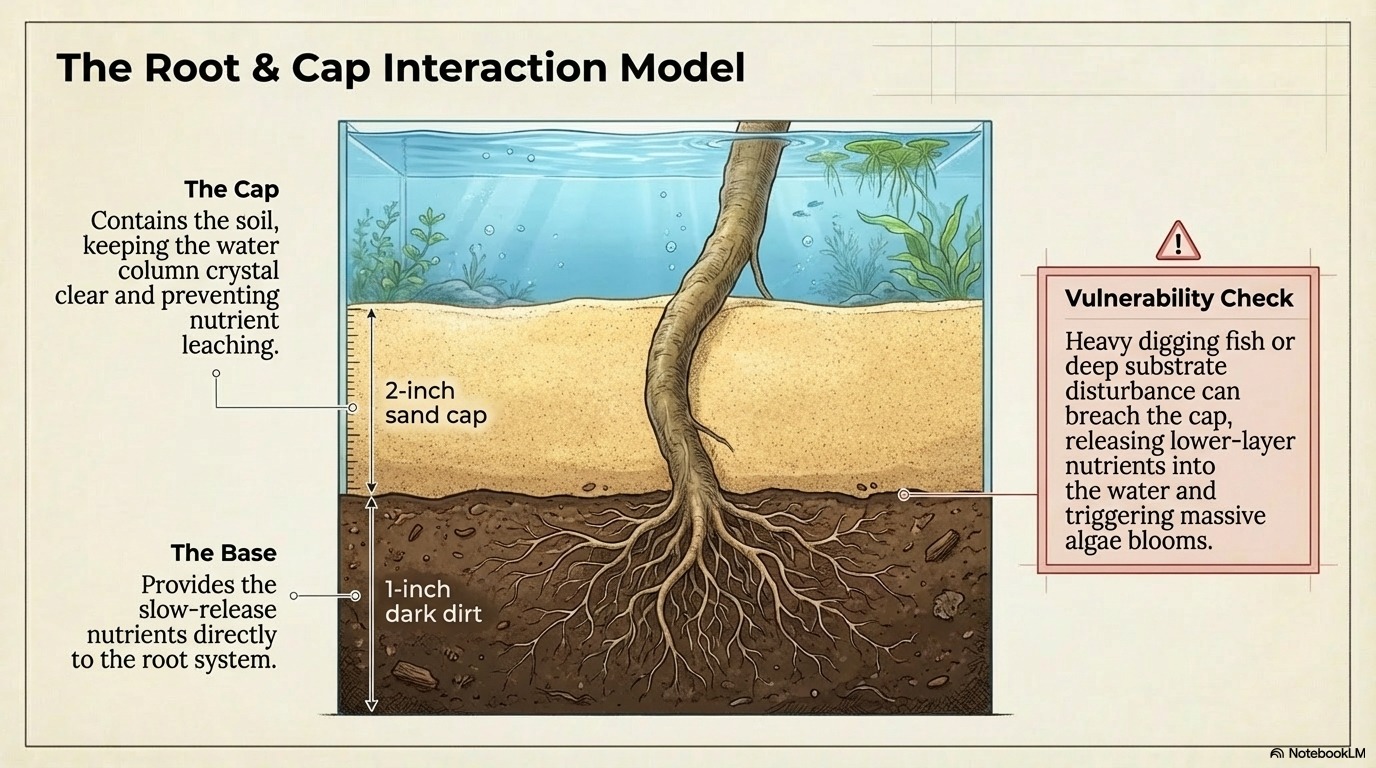 Layered aquarium substrate system with soil base and sand cap