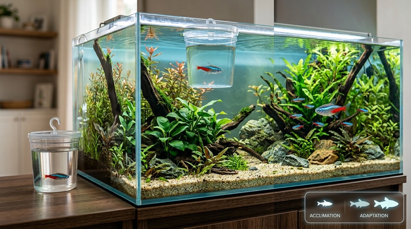 Fish moving between containers to contrast acclimation with adaptation