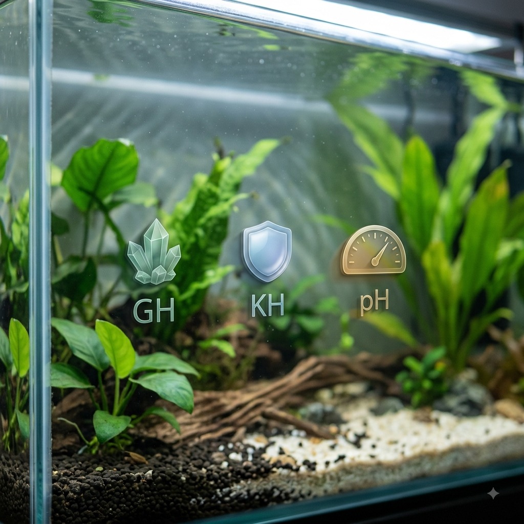Planted aquarium panel representing the relationship among GH, KH, and pH