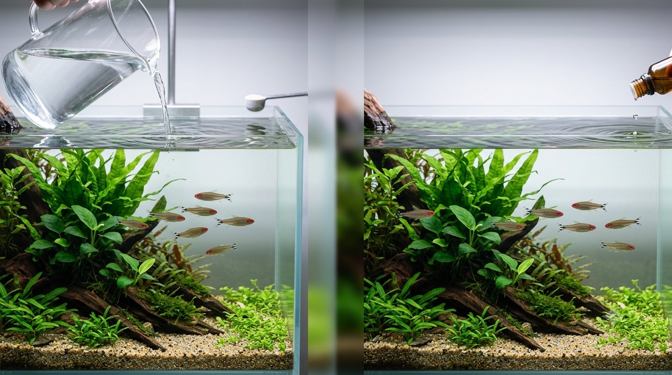Side-by-side aquariums comparing prepared change water with direct dosing