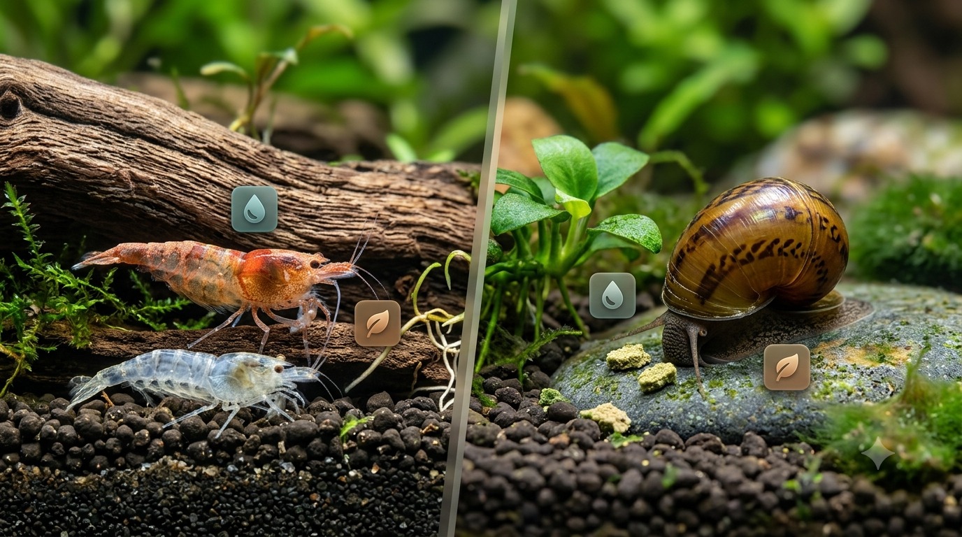 Aquarium shrimp and snail illustrating water and dietary mineral needs