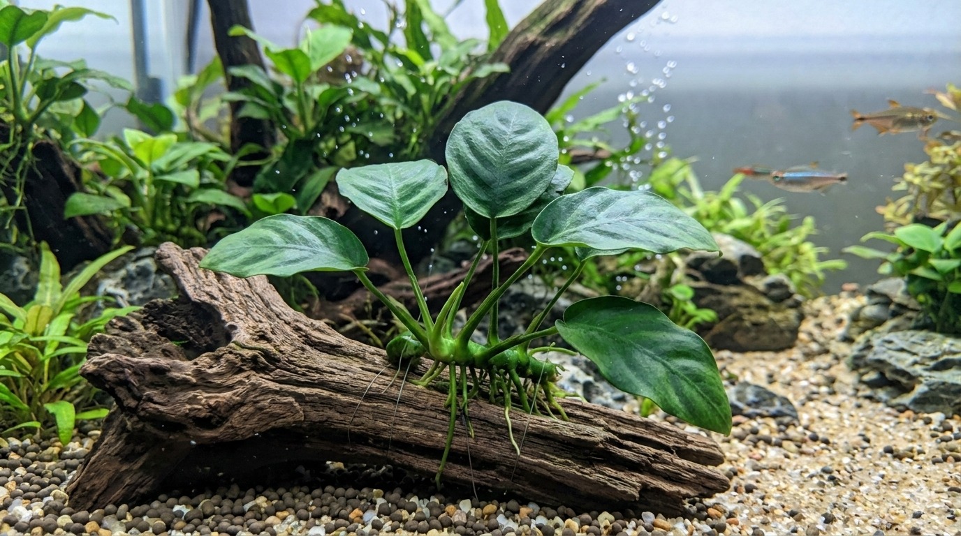 Anubias nana attached to driftwood in a freshwater aquarium