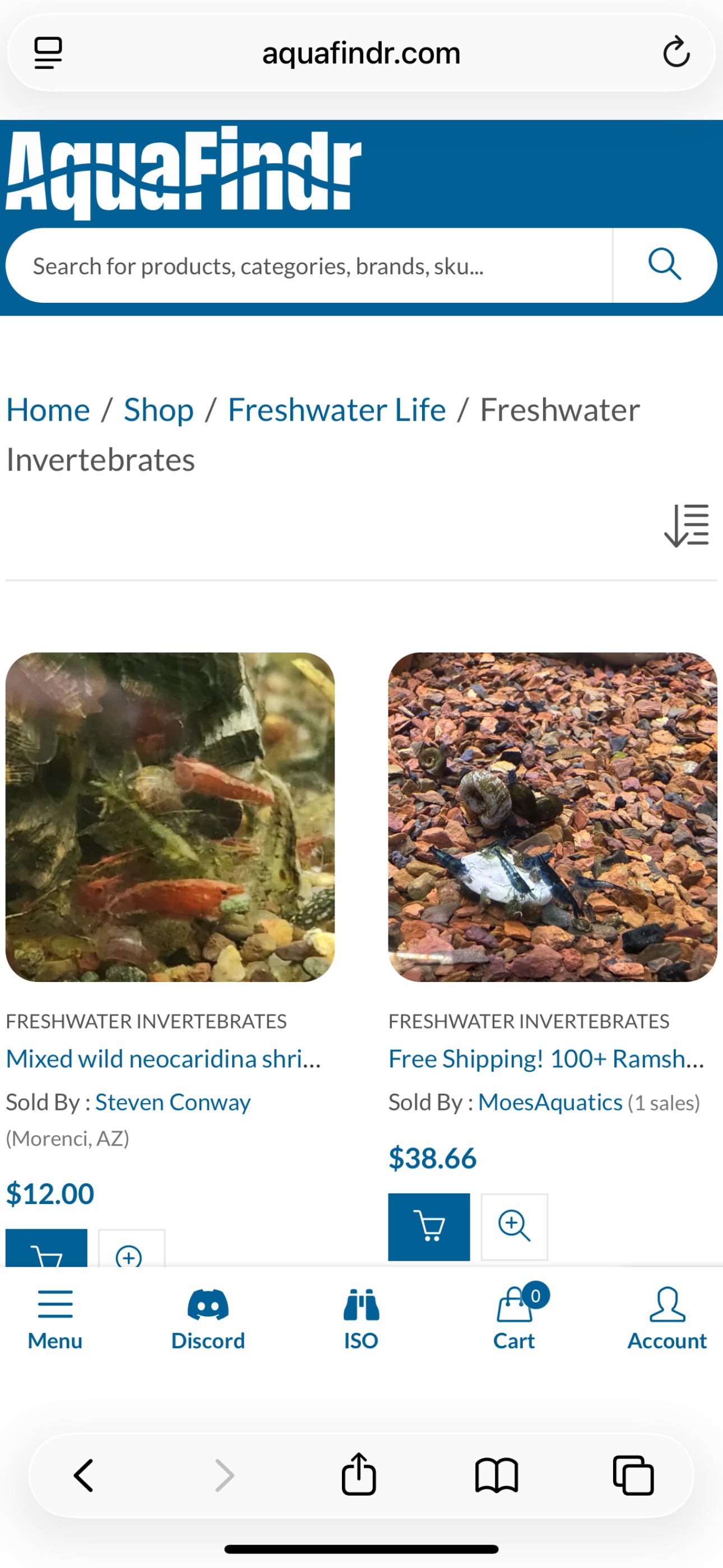 Aquafindr marketplace listings showing freshwater shrimp and snail offers.
