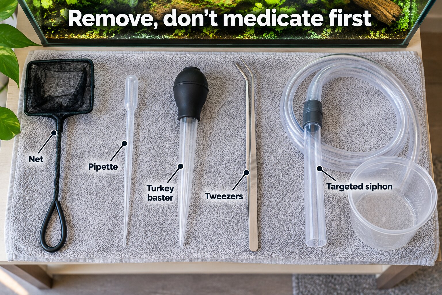 Overhead view of aquarium removal tools: a small net, pipette, turkey baster, aquascaping tweezers, and a siphon leading into a collection cup