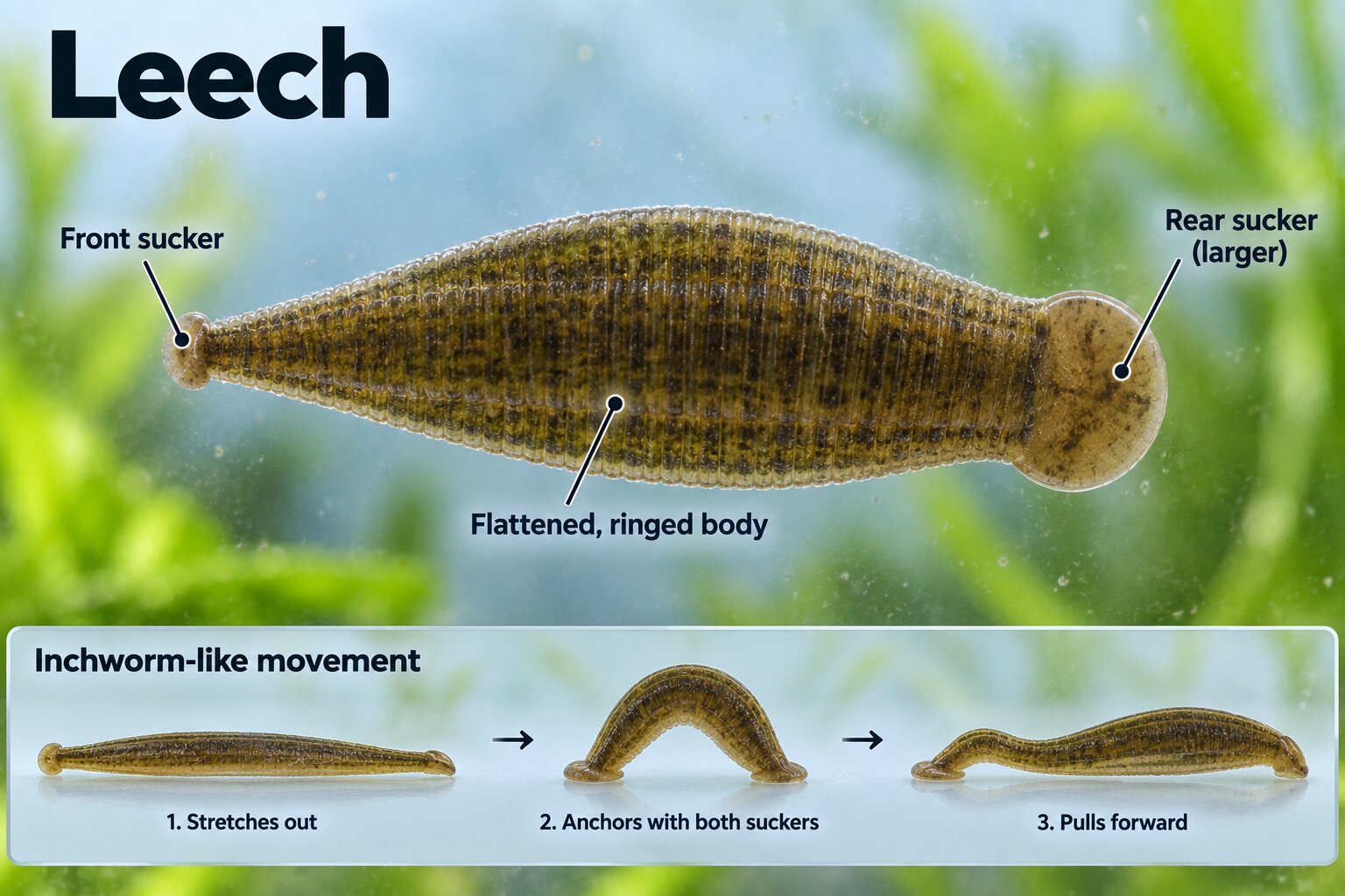 Annotated leech on aquarium glass showing front and rear suckers, a ringed body, and an inchworm-style movement sequence