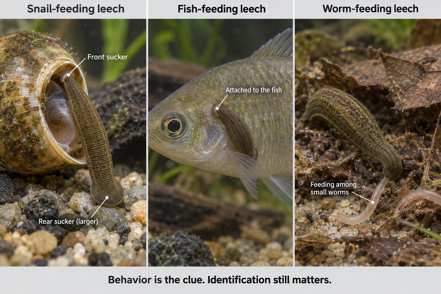 Three-panel comparison of a leech feeding on a snail, a leech attached to a fish, and a leech hunting small worms in substrate