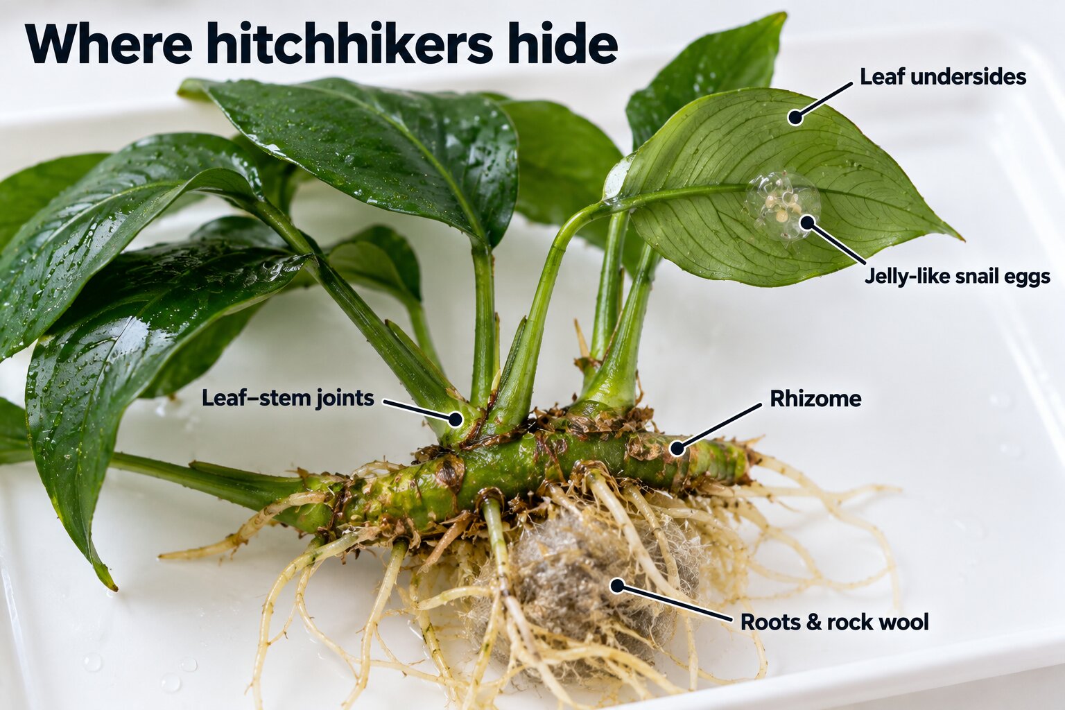 Annotated Anubias plant on a white tray showing leaf undersides, leaf-stem joints, the rhizome, roots with rock wool, and a jelly-like snail egg mass