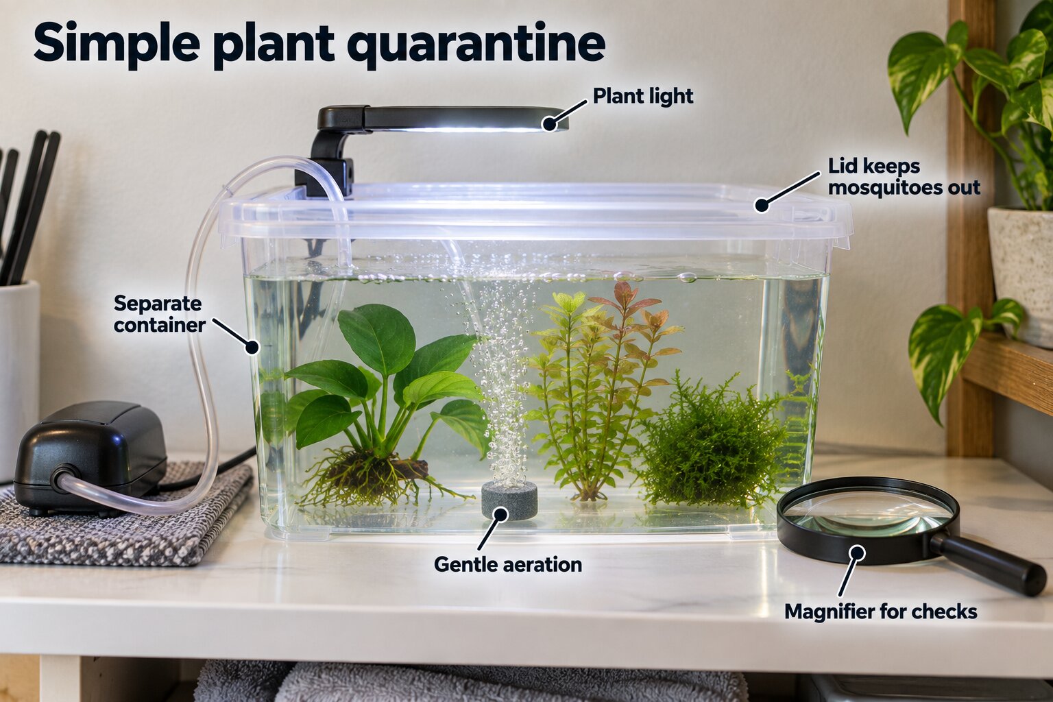 Annotated plant quarantine setup with a clear container, clip-on plant light, air stone, lid, and magnifying glass