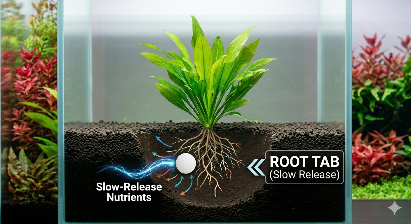 Diagram showing root tab placement in aquarium substrate near plant roots