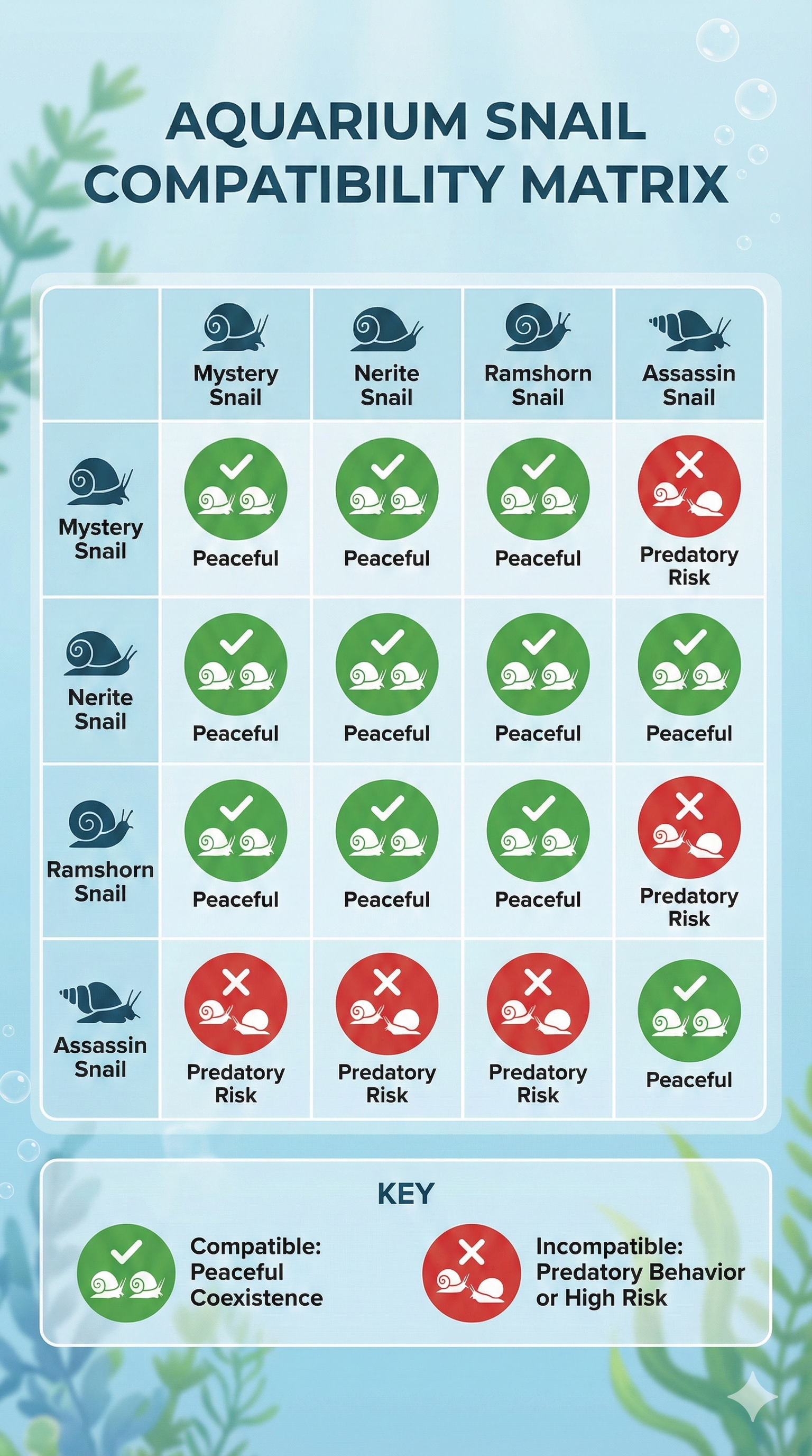 Aquarium snail compatibility matrix showing peaceful and predatory snail pairings