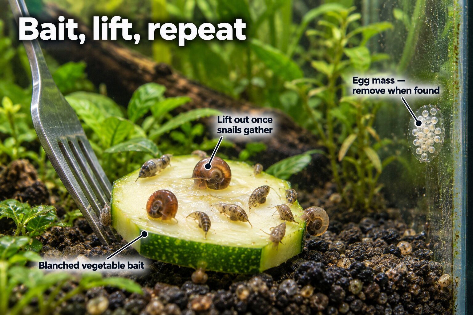 Small aquarium snails gathered on a blanched zucchini slice held down by a fork, with a jelly-like egg mass on the glass nearby