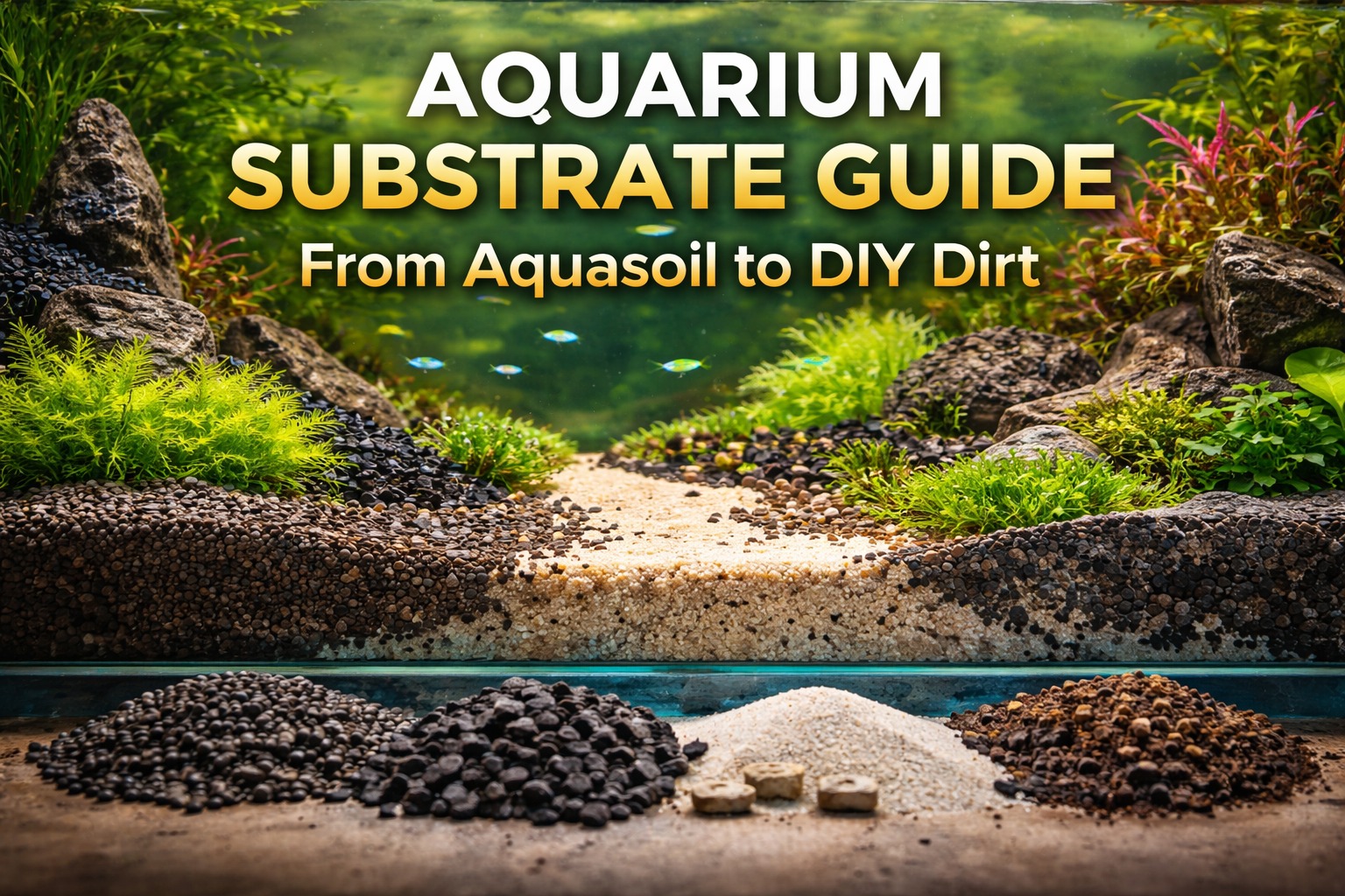 Aquarium substrate guide showing aquasoil, sand, and DIY dirt options for planted tanks