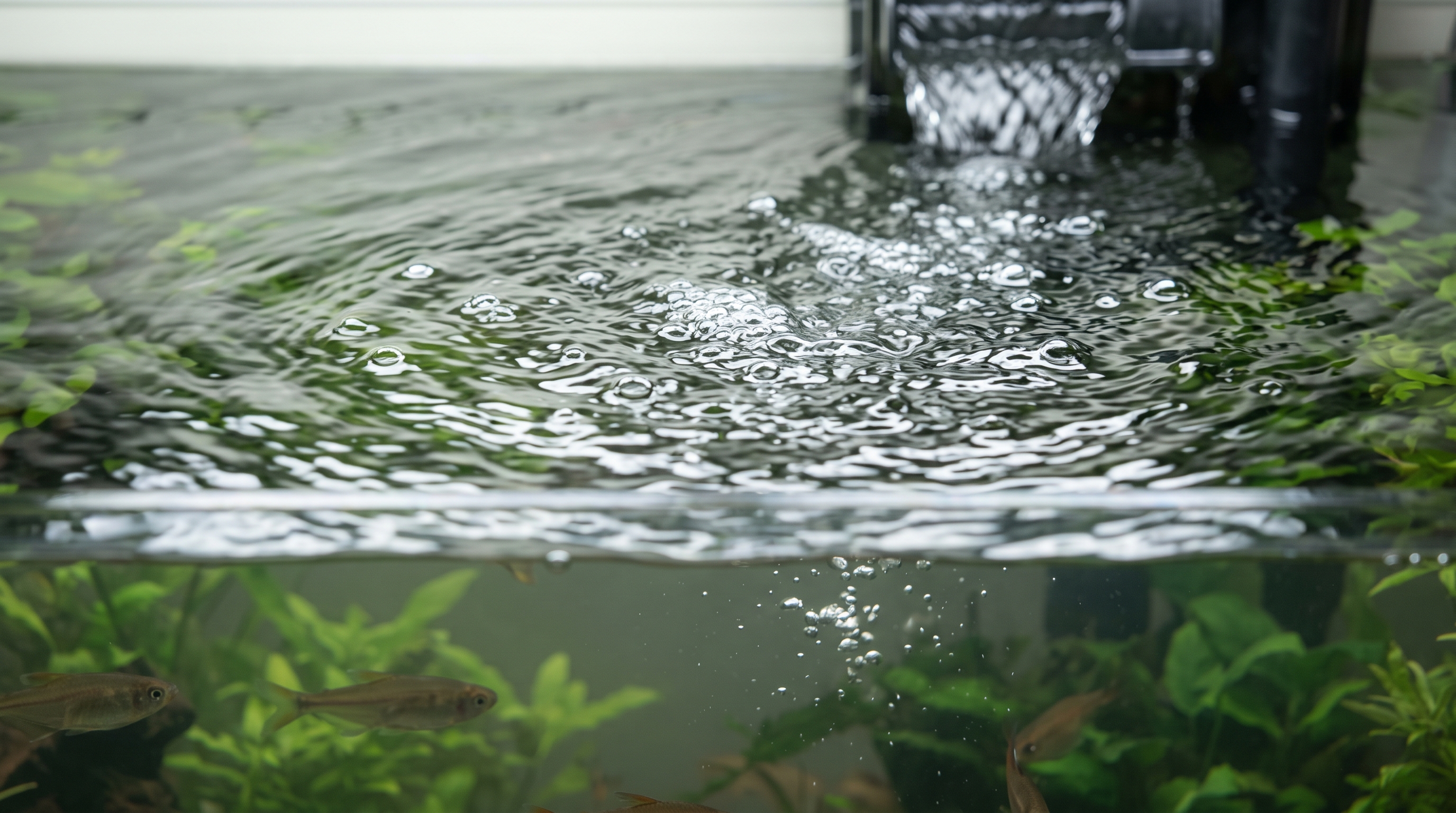 Aquarium surface agitation and aeration improving gas exchange