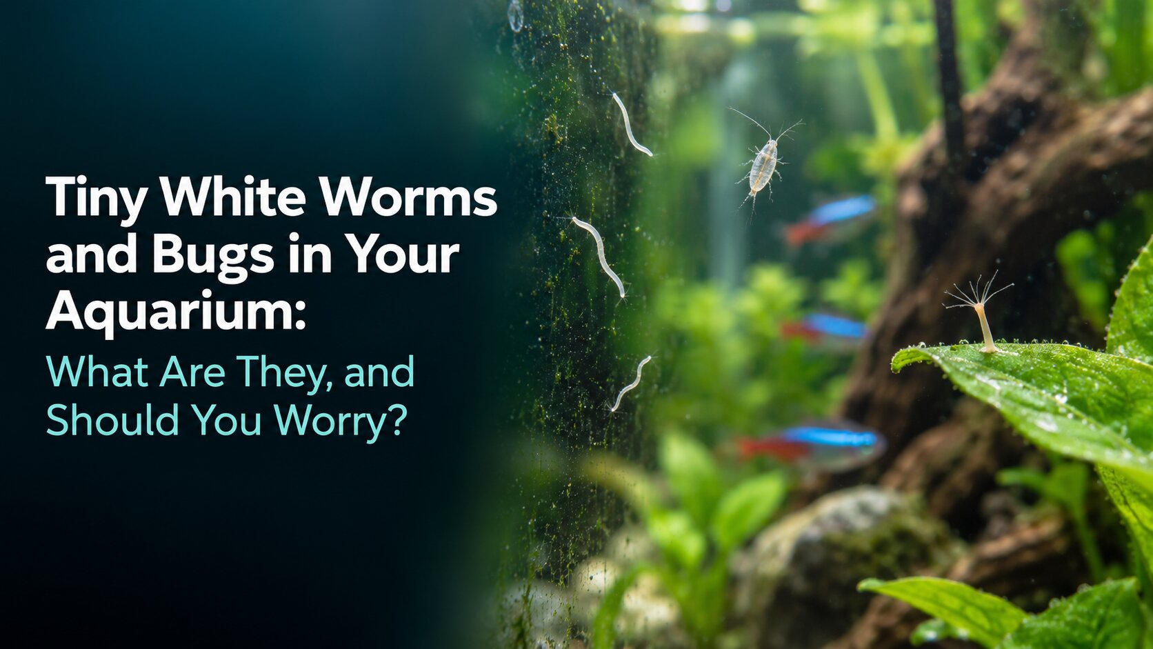 Close-up of tiny white worms and a copepod on the glass of a planted freshwater aquarium, with the article title overlaid