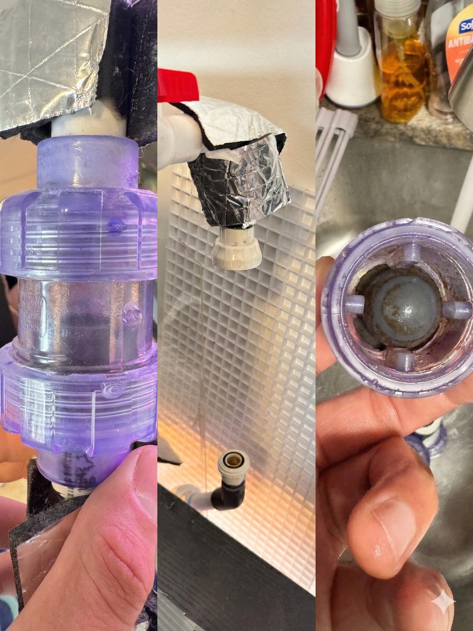 Aquarium check valve triptych showing system and sink maintenance views