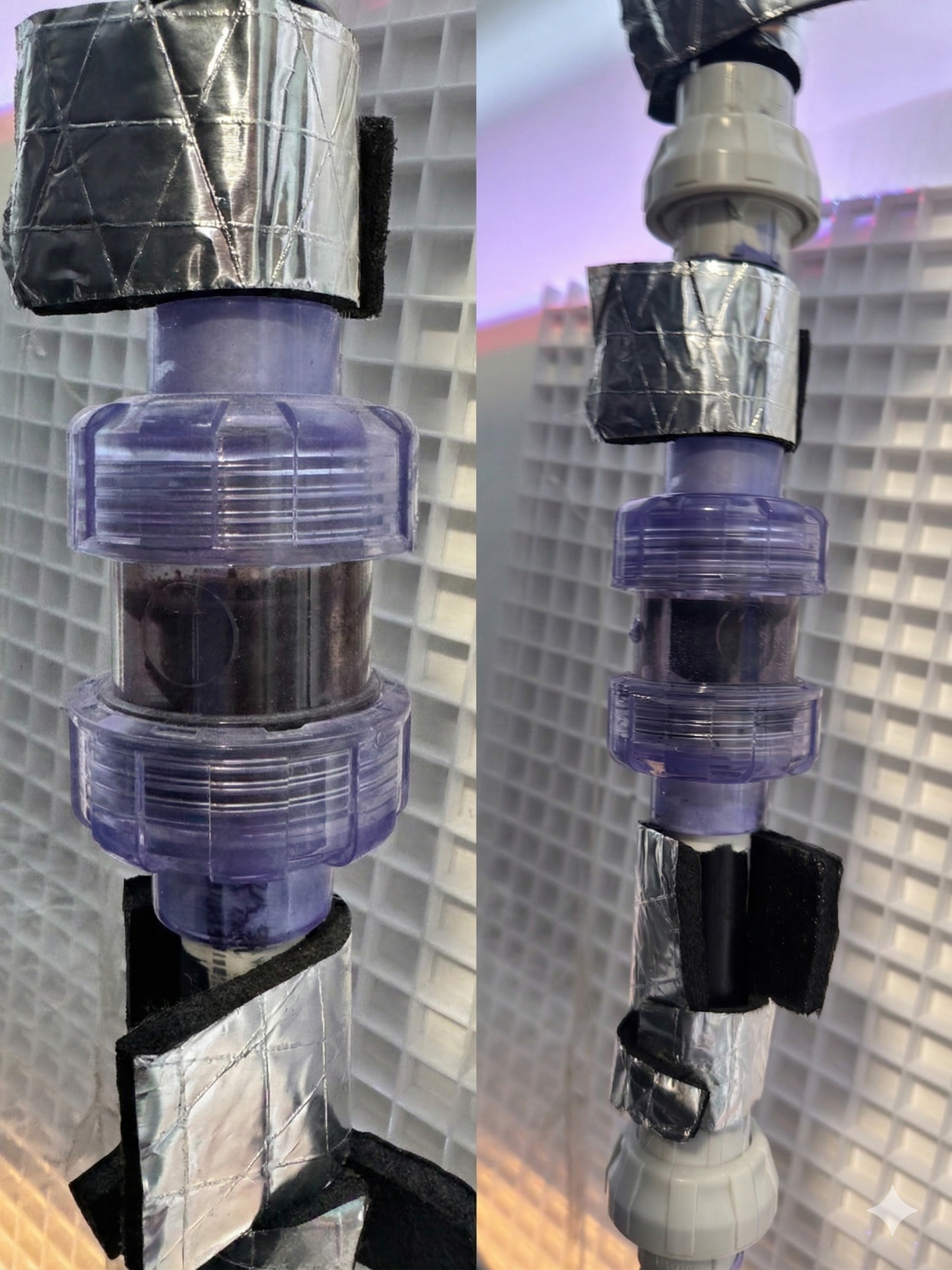 Side-by-side comparison of aquarium sump true union media filter with foil-insulated pipes