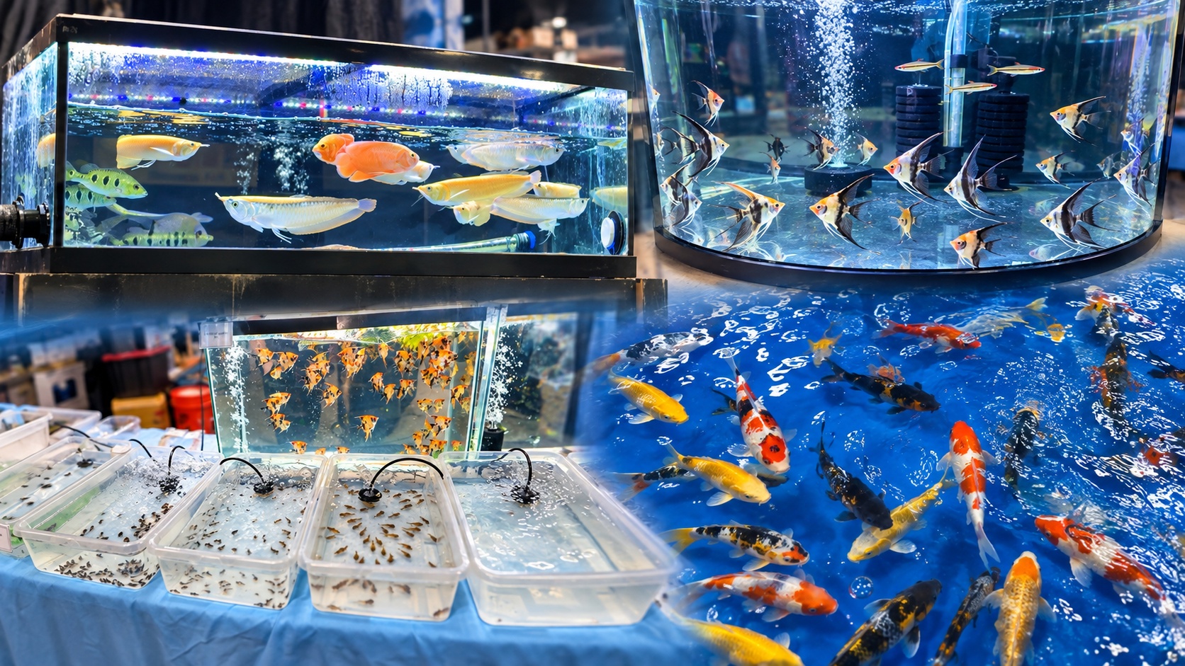 Collage of arowanas, angelfish, koi, and other fish displayed at Aquashella