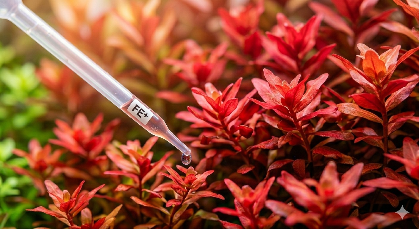 Aquatic plants showing red coloration influenced by iron and lighting