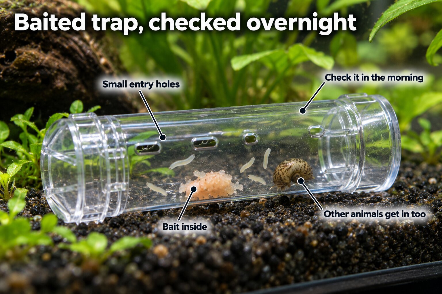 Clear baited aquarium trap on substrate with small flatworms and a snail inside near the bait