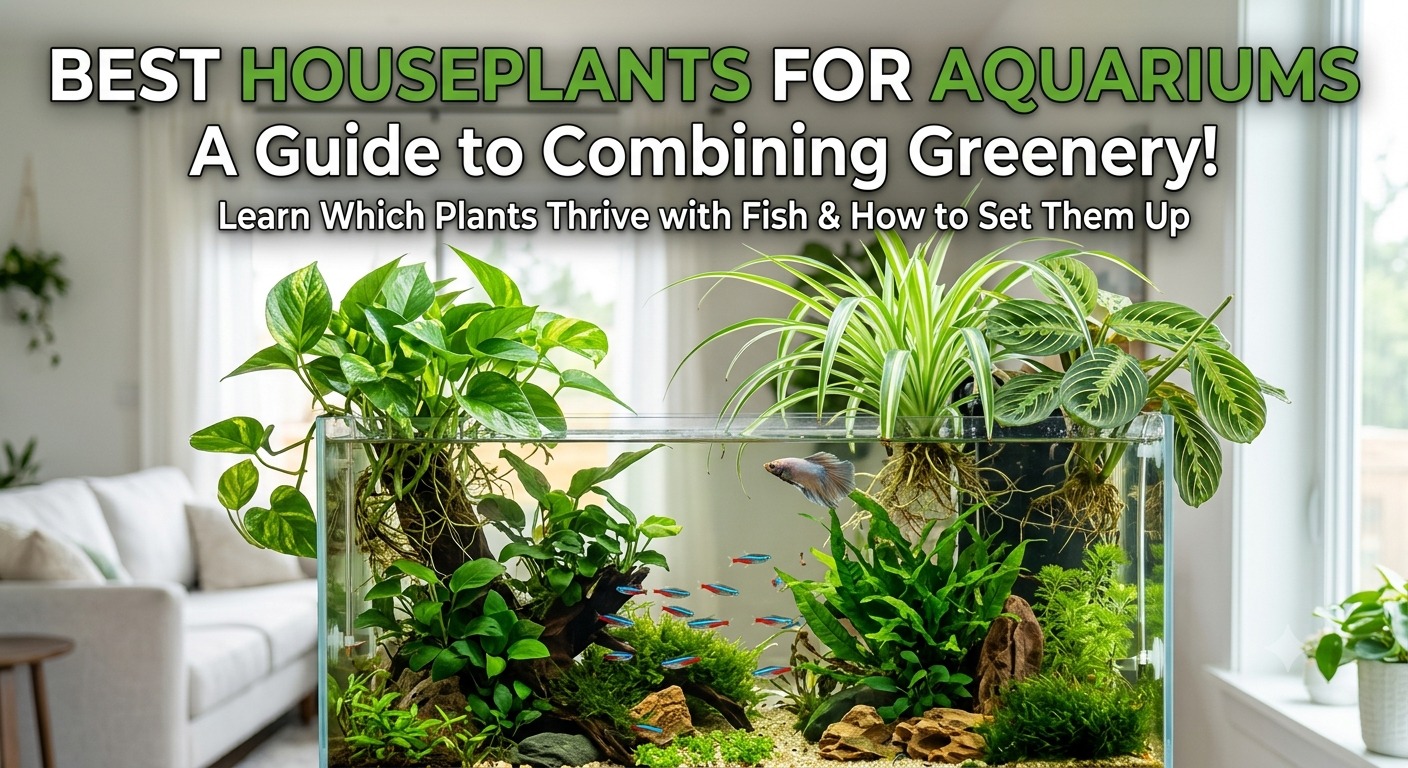 Houseplants growing above a freshwater aquarium with their roots extending into the water