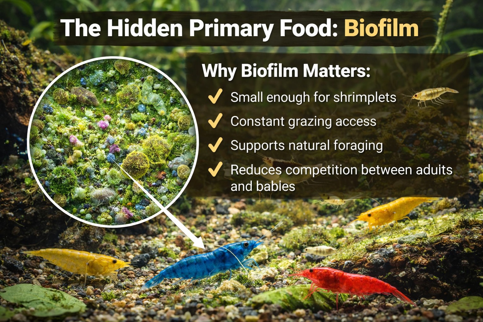 Neocaridina shrimp grazing across mature biofilm on aquarium surfaces