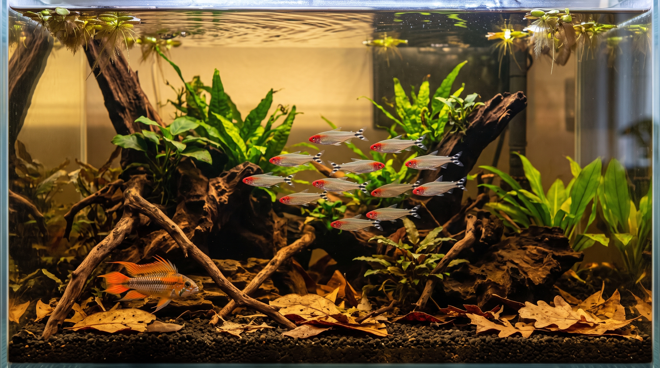 Blackwater fish species in a natural tannin-stained aquarium
