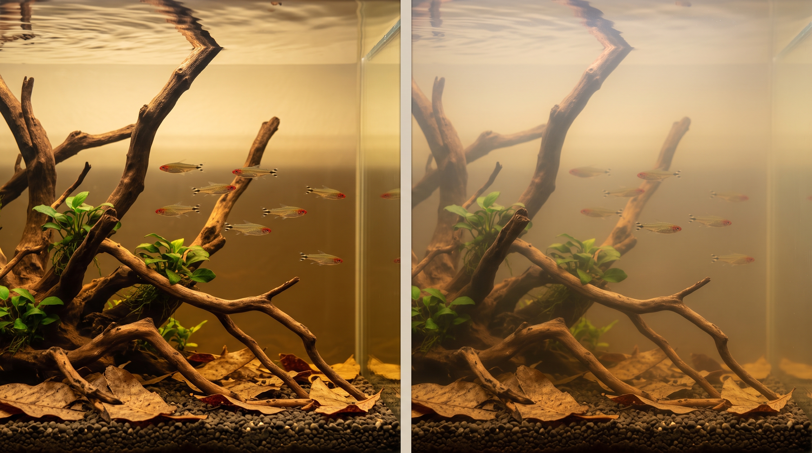 Clear amber tannin water compared with hazy brown aquarium water