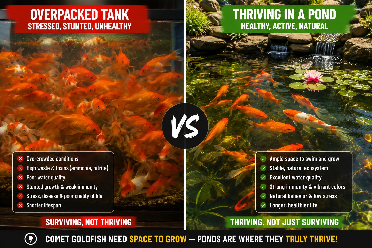 Comparison of comet goldfish in cramped tank conditions versus healthy pond conditions.