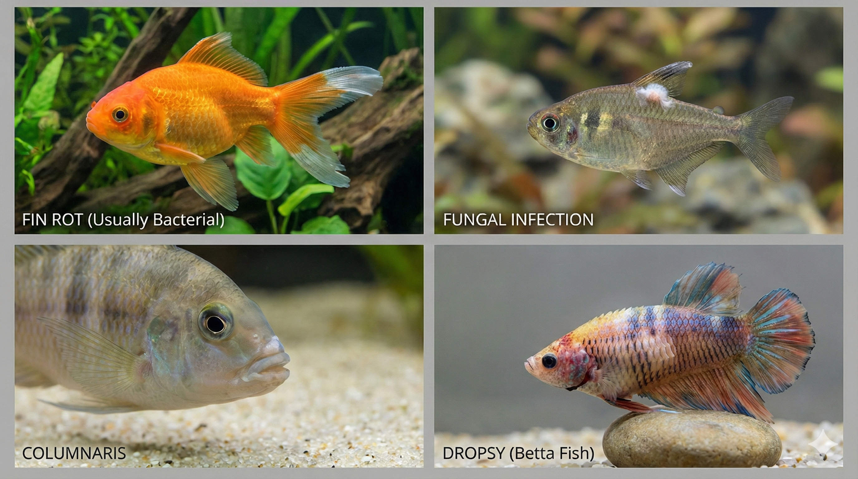 Common freshwater fish diseases including fin rot, fungal infections, columnaris, and dropsy