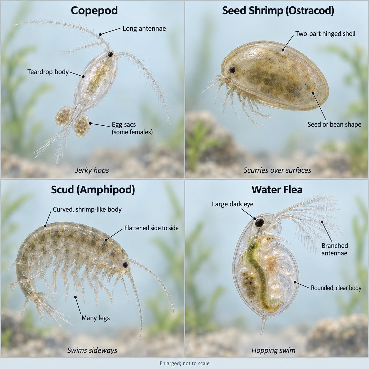 Four-panel comparison of a copepod, seed shrimp, scud, and water flea with labels pointing to each one's key identifying features