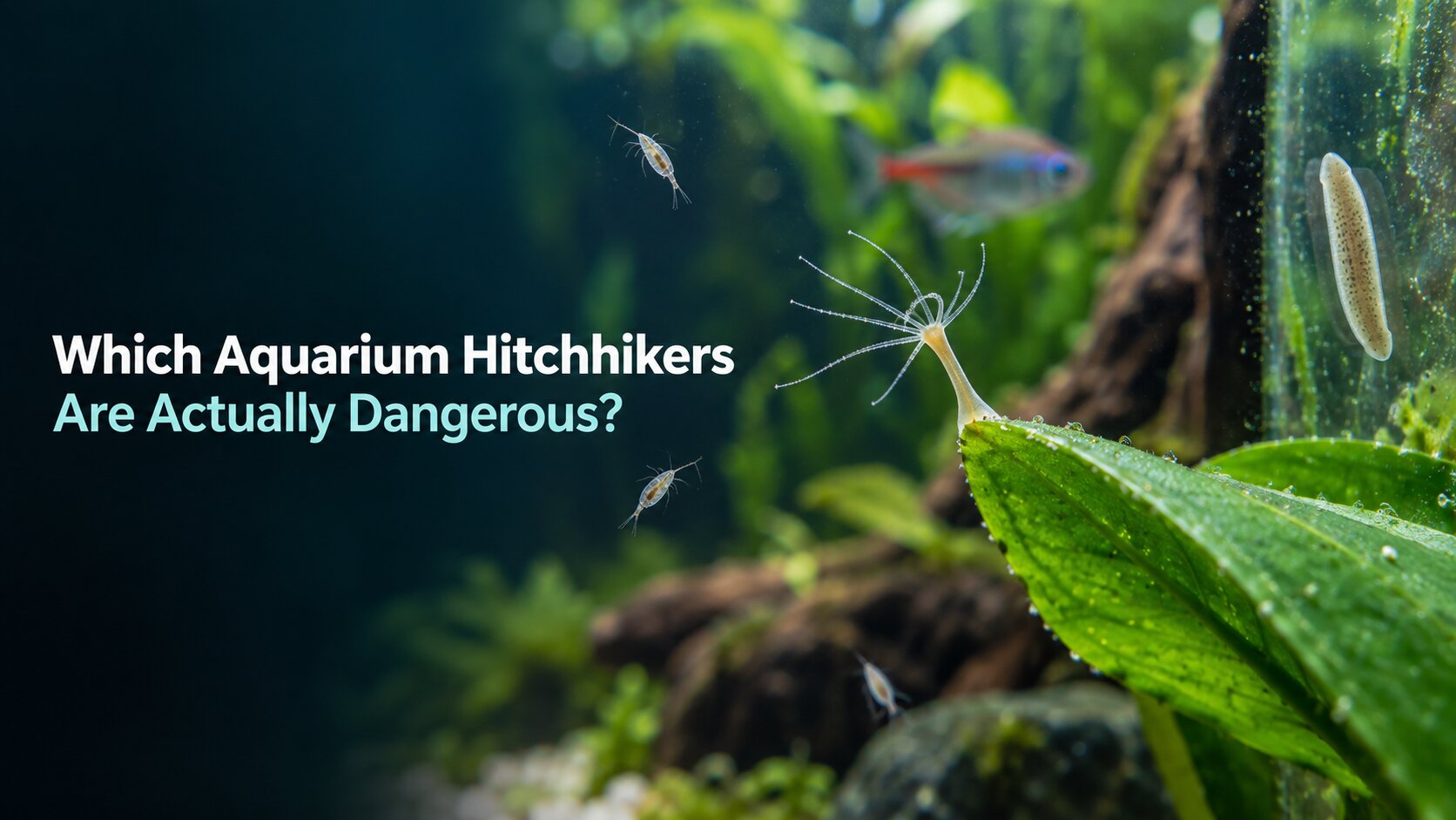 Hydra and a small flatworm in a planted freshwater aquarium with the article title overlaid