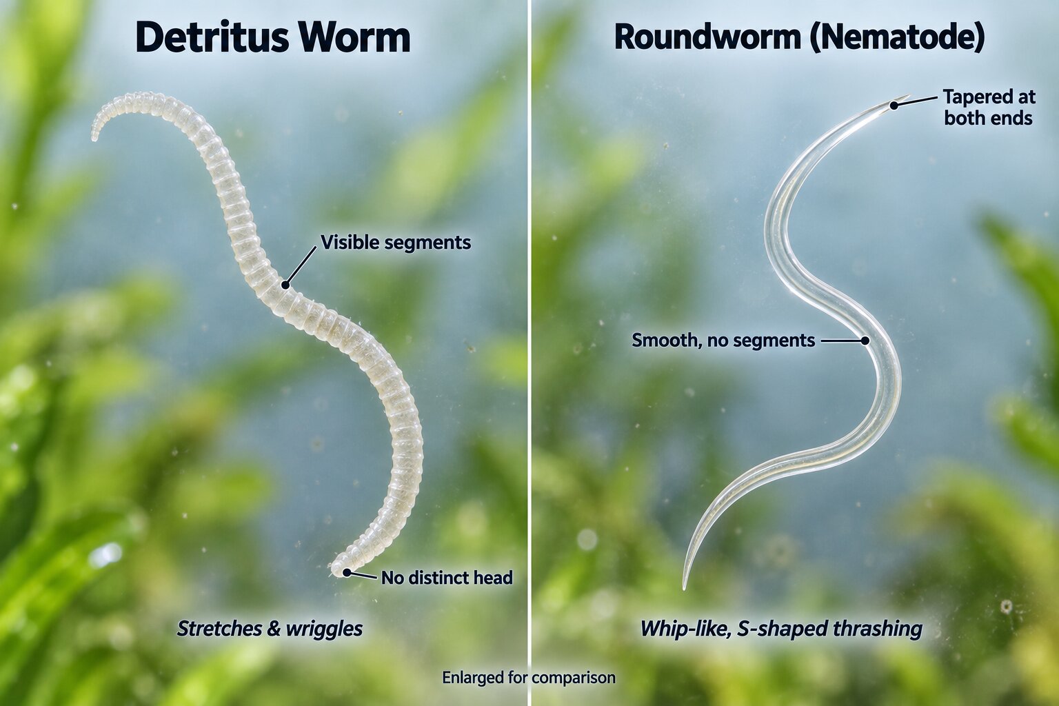Comparison of a segmented detritus worm and a smooth, unsegmented roundworm tapered at both ends